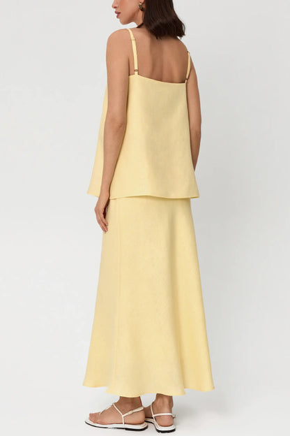 Linen Blend Loose Square Neck Camisole Top and Elegant Resort Maxi Skirt Set