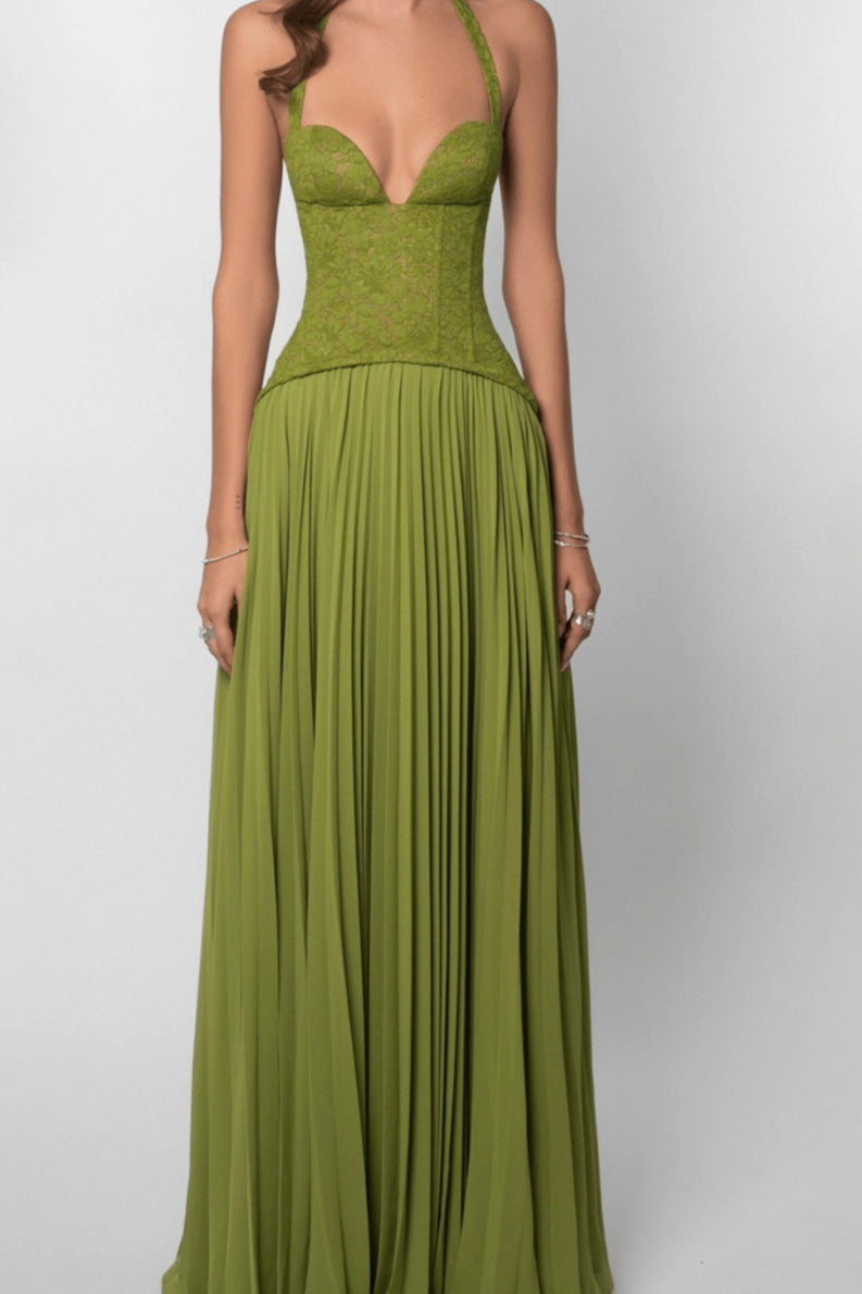 Lace Halter Plunging Sweetheart Accordion Pleat Chiffon Maxi Gown