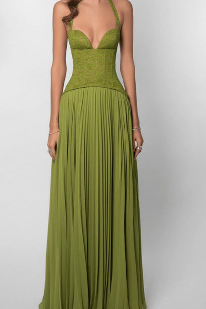 Lace Halter Plunging Sweetheart Accordion Pleat Chiffon Maxi Gown