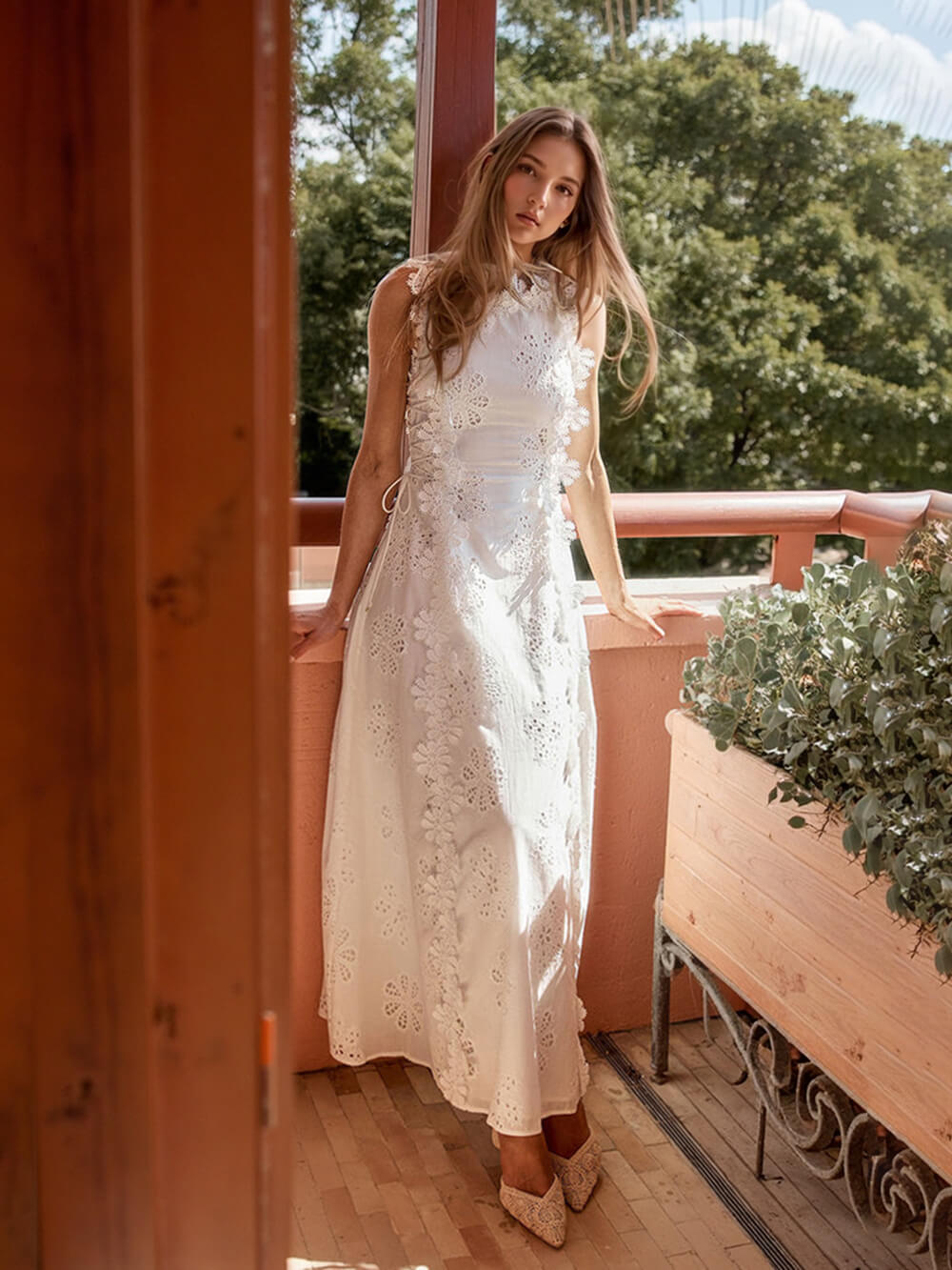 High Neck Tie Shoulder Floral Lace Eyelet Embroidery Maxi Dress