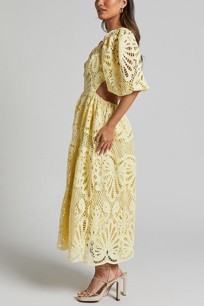 V-neck Lace Embroidery Hollow Waist Dress