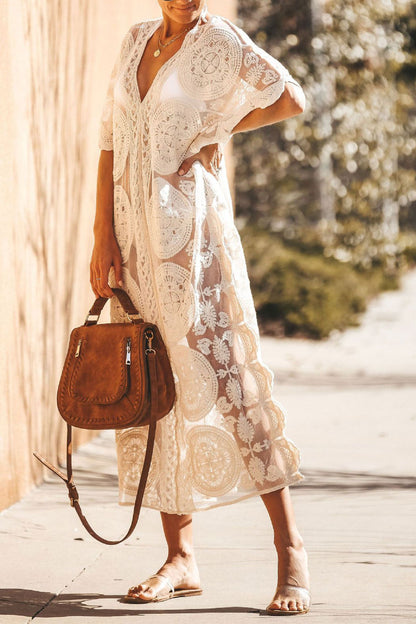 V-Neck Lace Embroidery Cover-up Dress