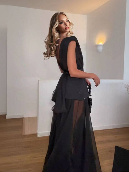Unique Belt Perspective Skirt Maxi Dress