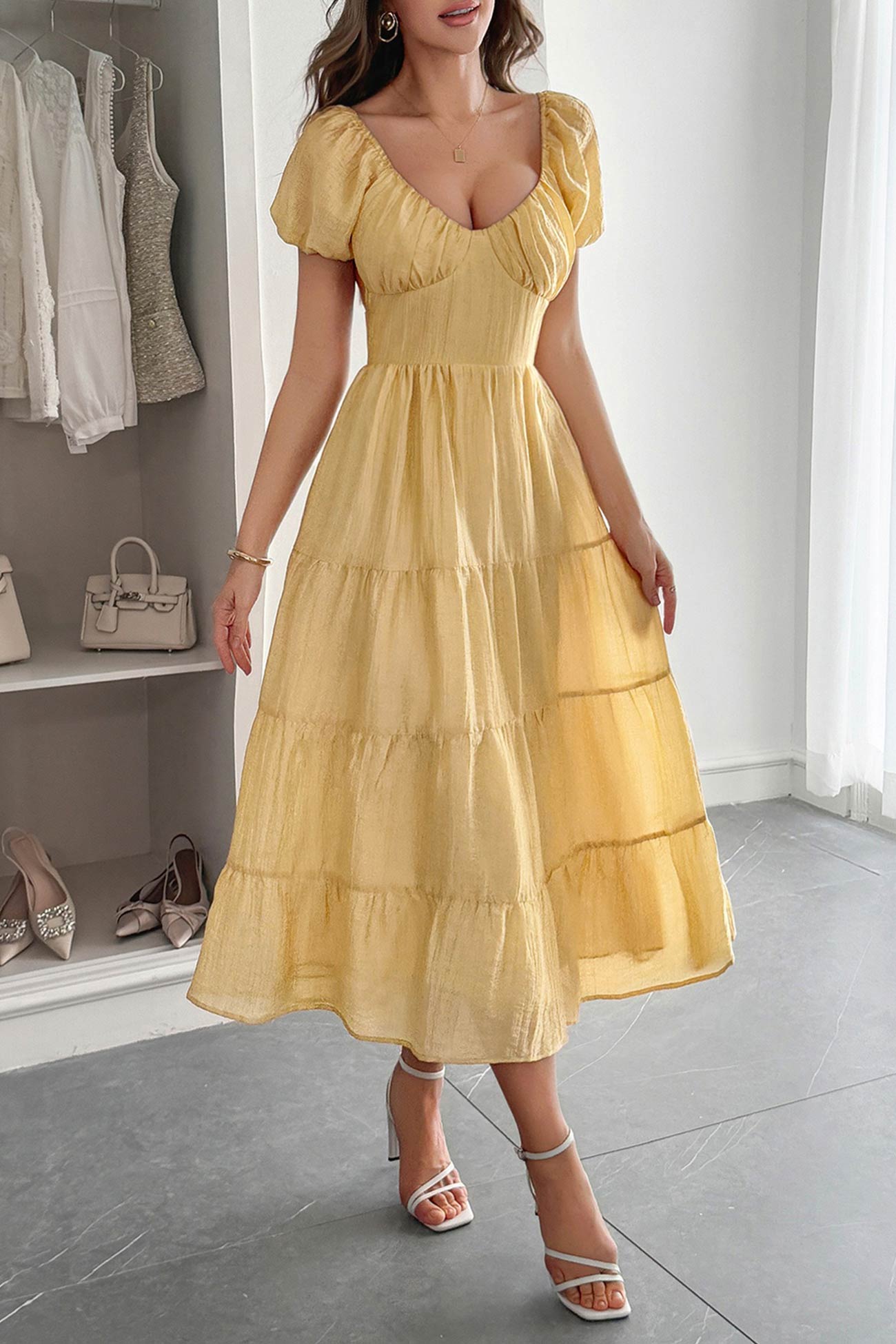 Low Cut Puff Sleeve Backless Tiered Dress