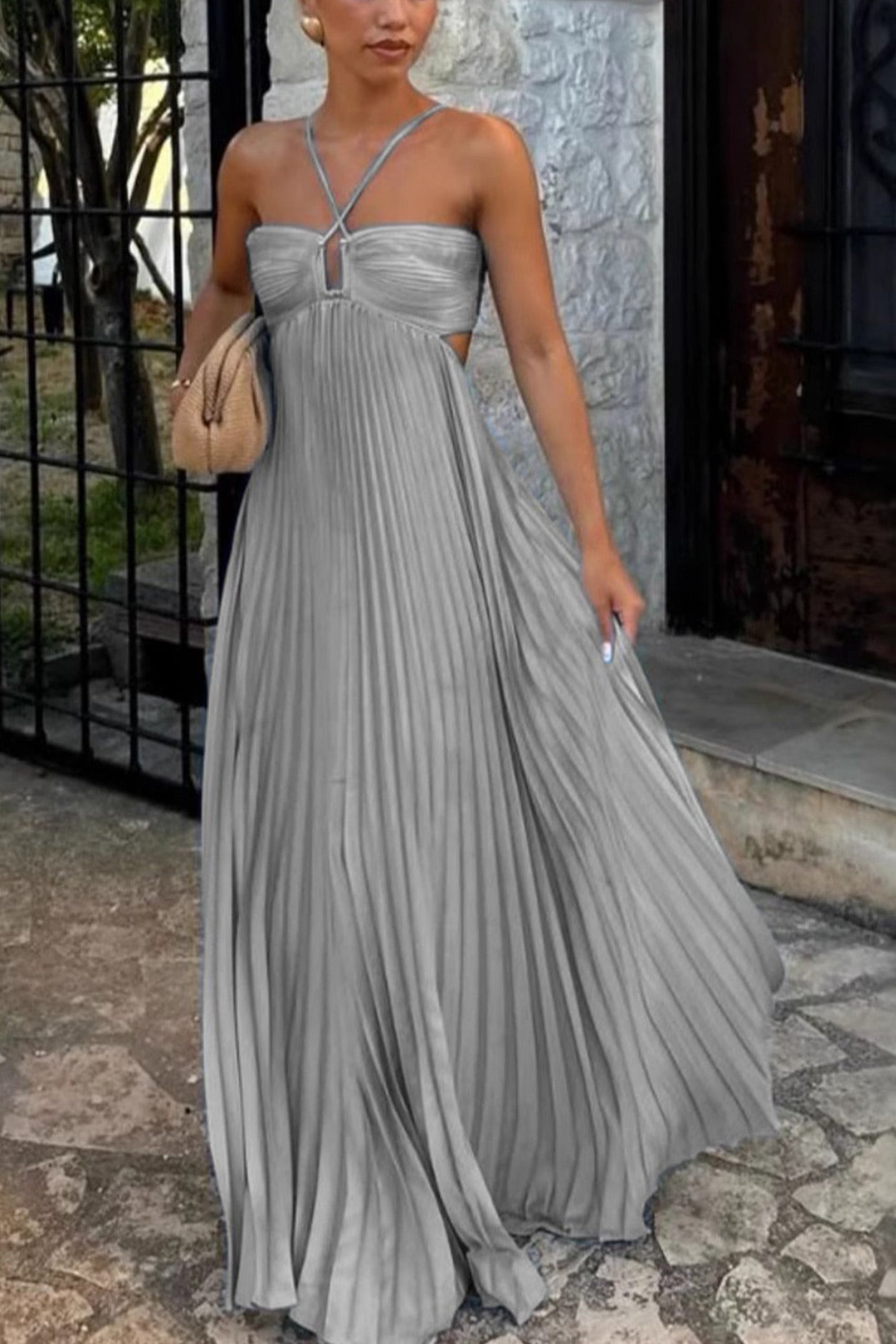 Halterneck Cutout Pleated Maxi Dress
