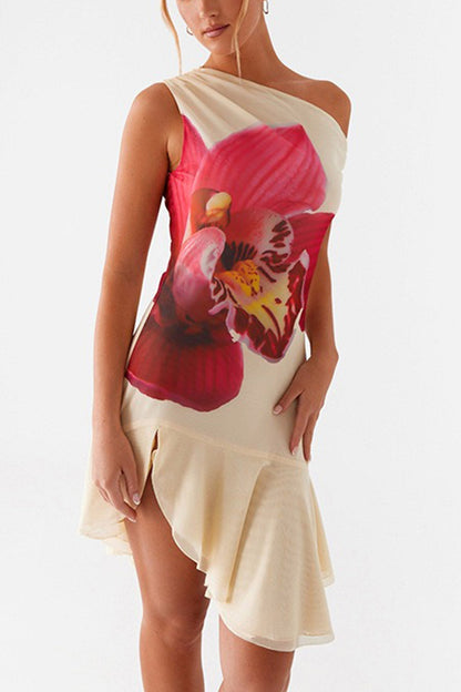 One-Shoulder Orchid Print Asymmetric Ruffle Hem Mini Dress