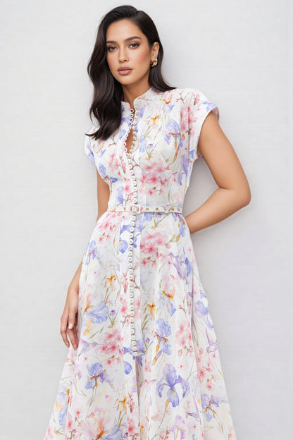 Norif Round Neck Button Print Midi Dress