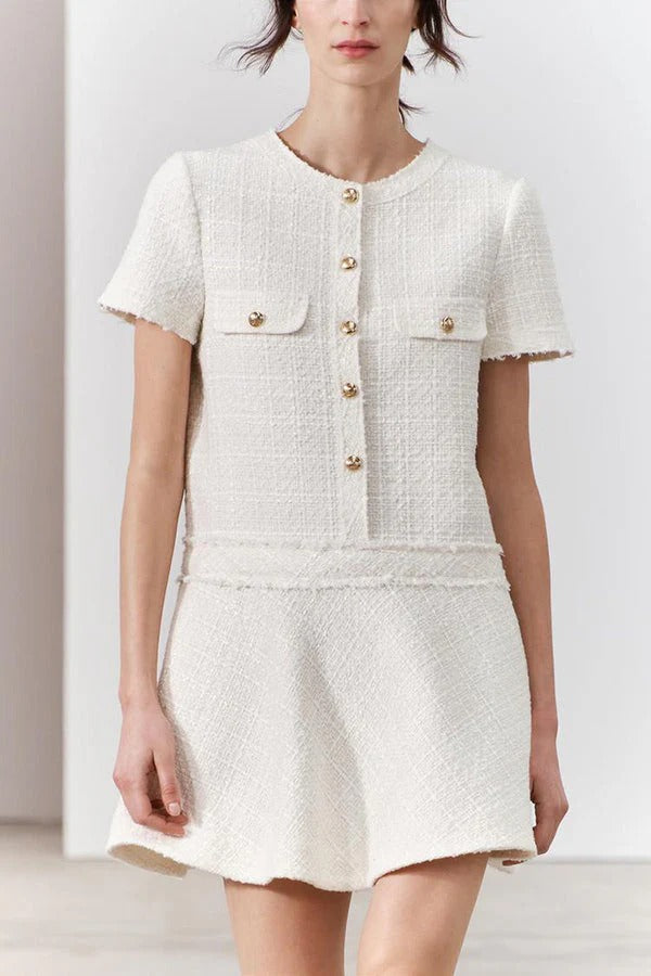 Metal Button Short Sleeve Round Neck Tweed Fit-and-Flare Mini Dress