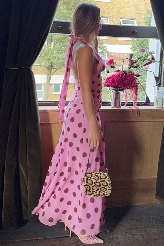 | Polka Dot Halter V-neck Maxi Dress