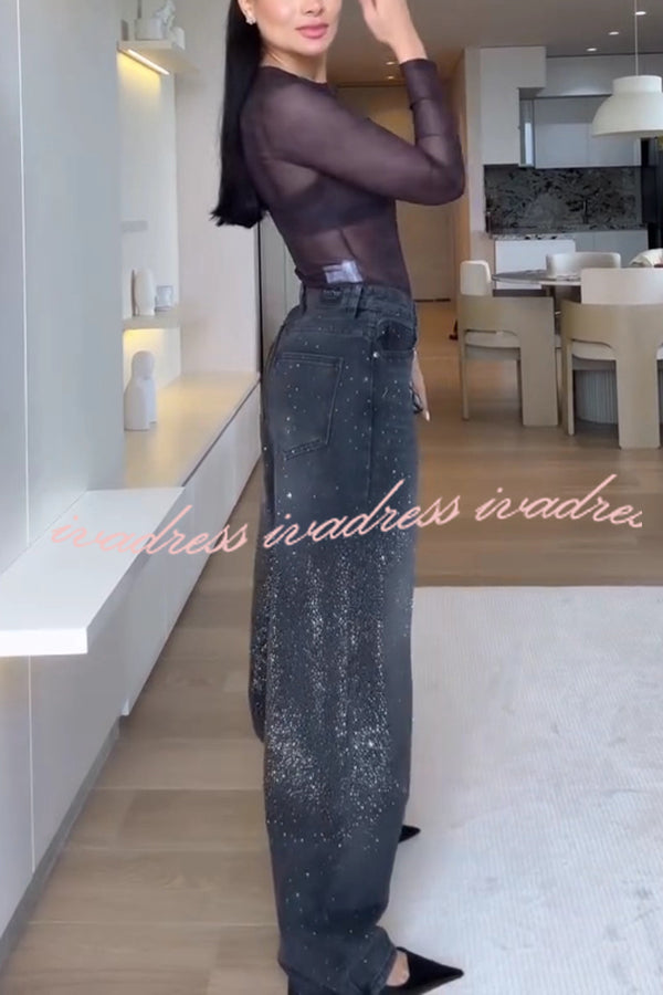 Fashion Star Rhinestone High Rise Casual Pocket Straight Loose Jeans