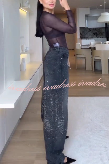 Fashion Star Rhinestone High Rise Casual Pocket Straight Loose Jeans