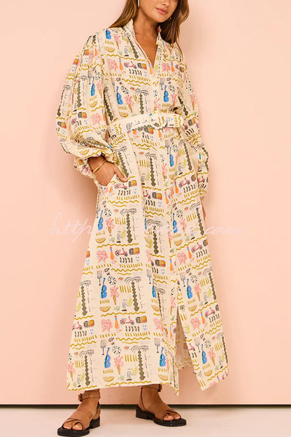 Country Cutie Unique Print Long Sleeve Belted Pocket Shirt Maxi Dress
