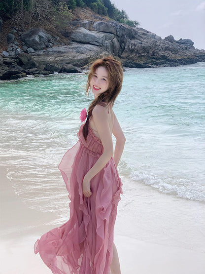 Blush Pink Halter Backless Maxi Dress – Dreamy Vacation & Beach Photoshoot Look