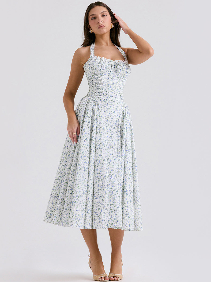 Corset Dress Floral Halter Lace Up Front Pleated Eyelet Trim Party Midi Dresses