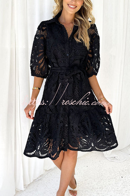 Solid Color Lace Cutout Balloon Sleeves and Waist Tie Mini Dress