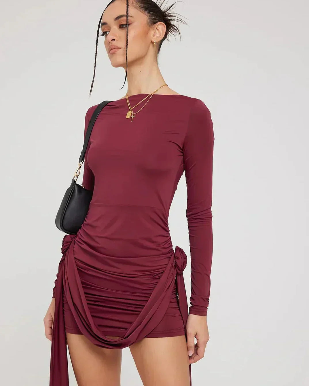 Boat Neck Long Sleeve Side Knot Draped Panel Ruched Bodycon Mini Dress