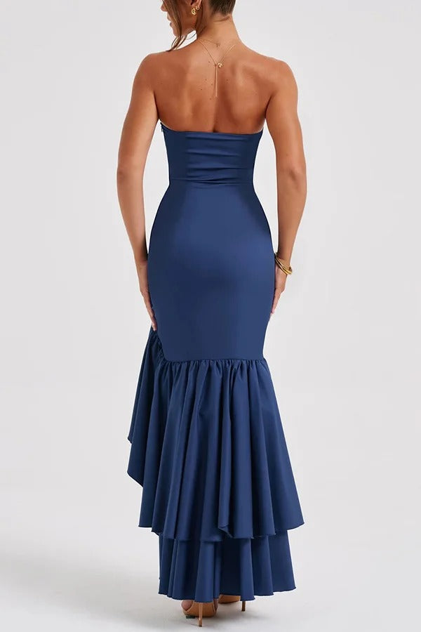 Strapless Ruched Hip Cascade Tiered Ruffle High-Low Maxi Gown