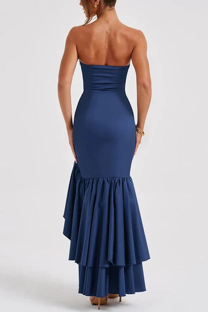 Strapless Ruched Hip Cascade Tiered Ruffle High-Low Maxi Gown