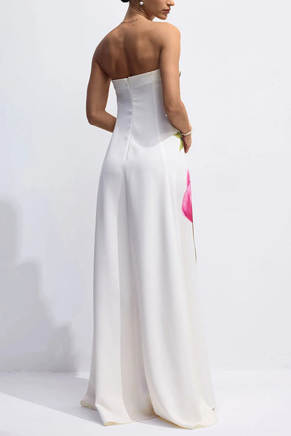 Garden Wedding Painted Roses Print Strapless A-line Maxi Dress