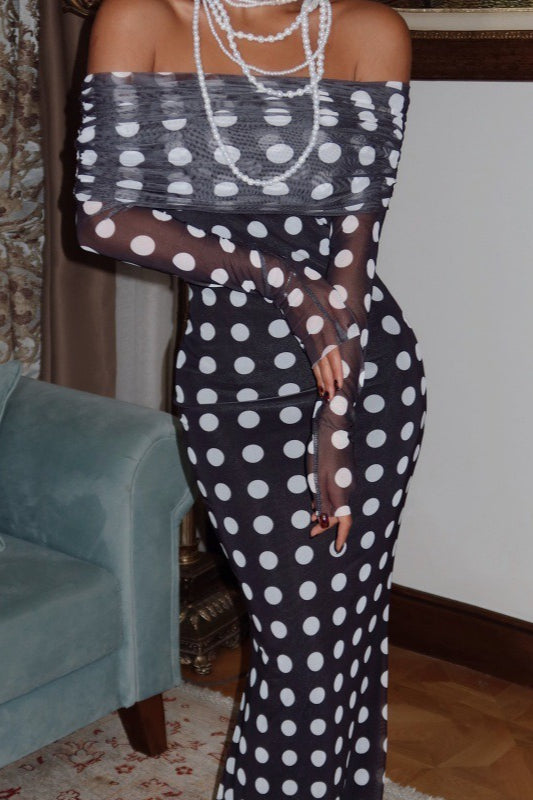 Polka Dot Print Off-the-Shoulder Mesh Overlay Ruched Long Sleeve Bodycon Maxi Dress