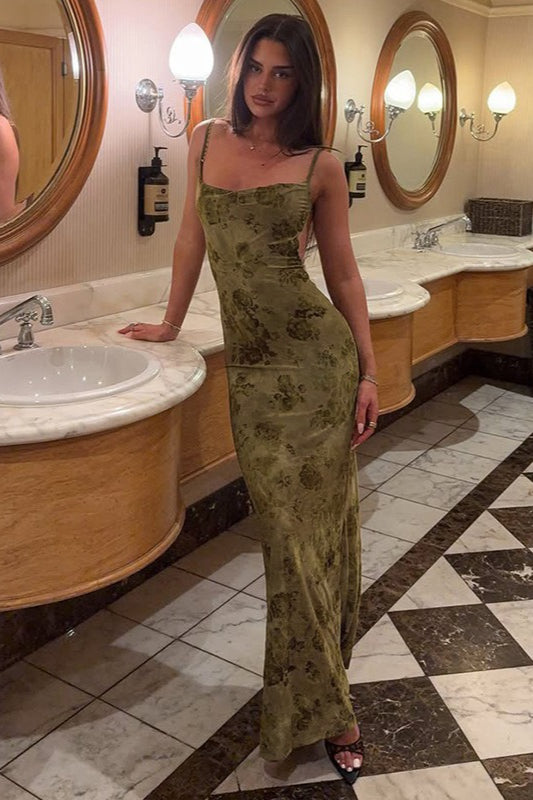 Floral Burnout Velvet Spaghetti Strap Chain Back Bodycon Maxi Dress
