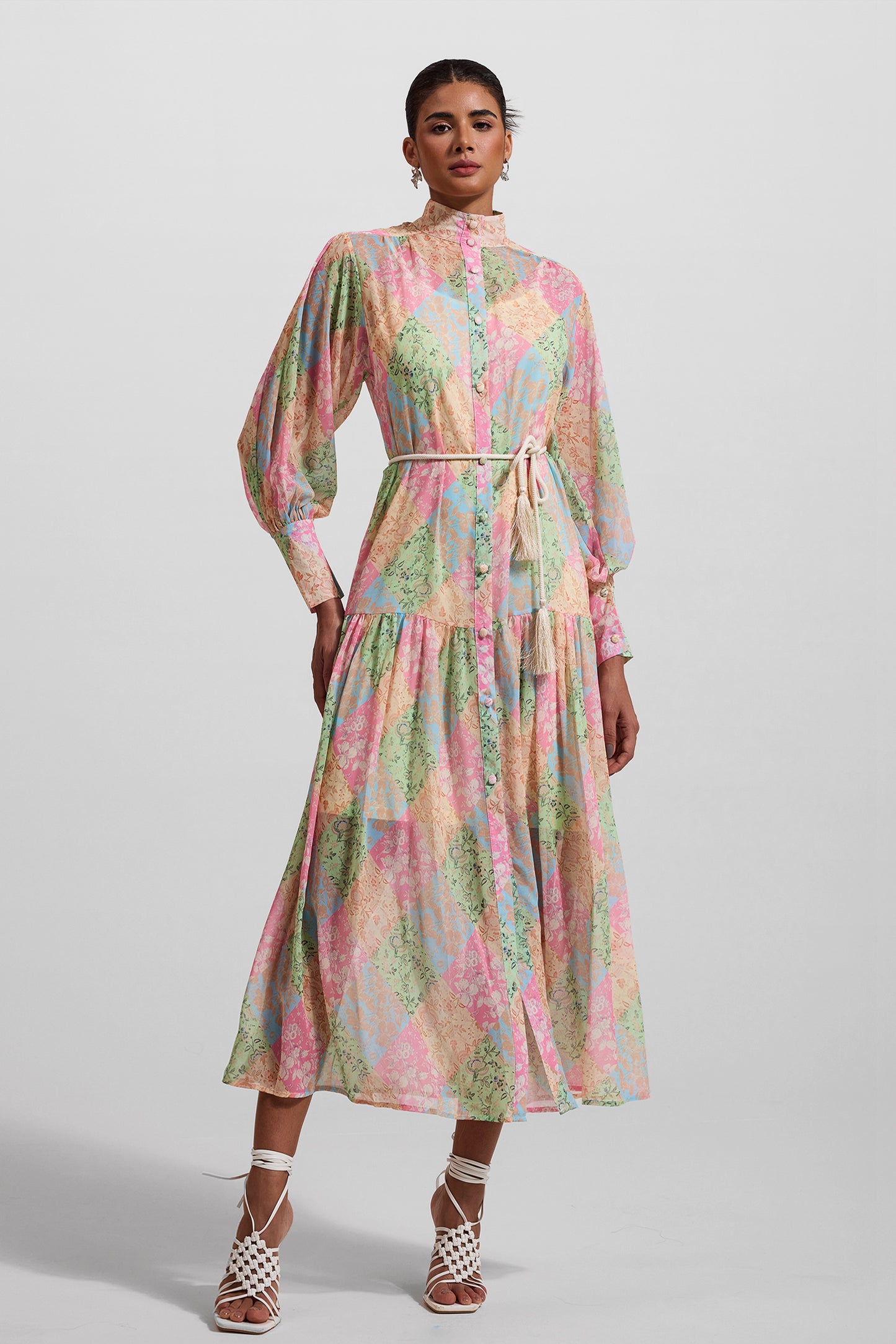 Floral Lantern Sleeve Stand Collar Midi Dress