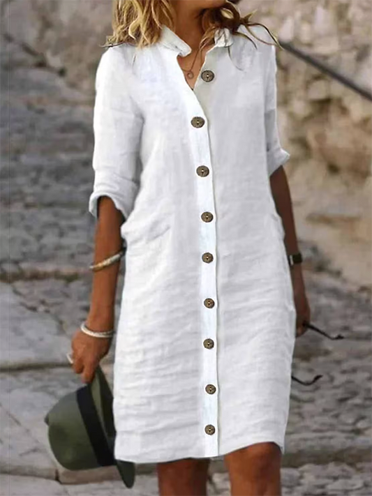 Half Sleeves Loose Buttoned Solid Color Stand Collar Mini Dresses