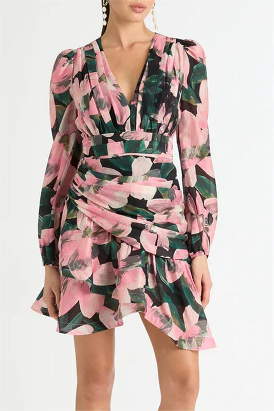 Floral Long Sleeve V-Neck Pleated Mini Dress Pink