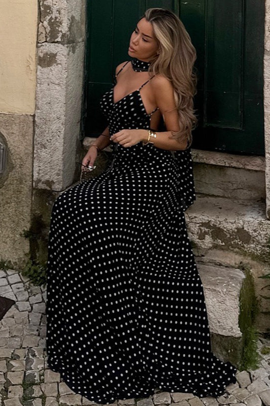 | Polka Dot V Neck Backless Maxi Dress