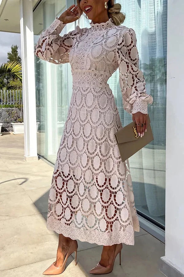 Guipure Lace Mock Neck Lantern Sleeve Scalloped Hem Hollow Out Midi Dress