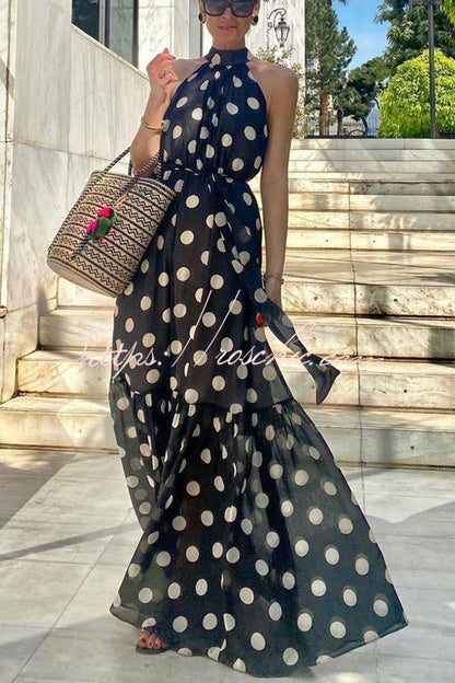 Charming Idea Polka Dots Belted Halter A-line Maxi Dress