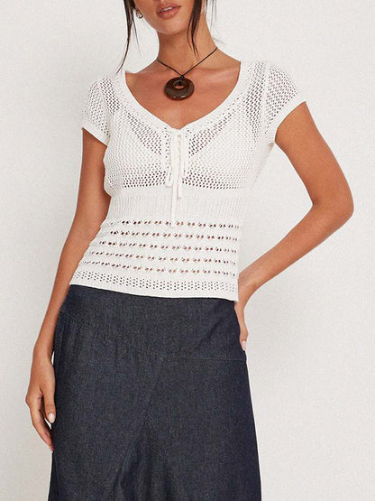 V Neck Cutout Knit Short Sleeve Knit