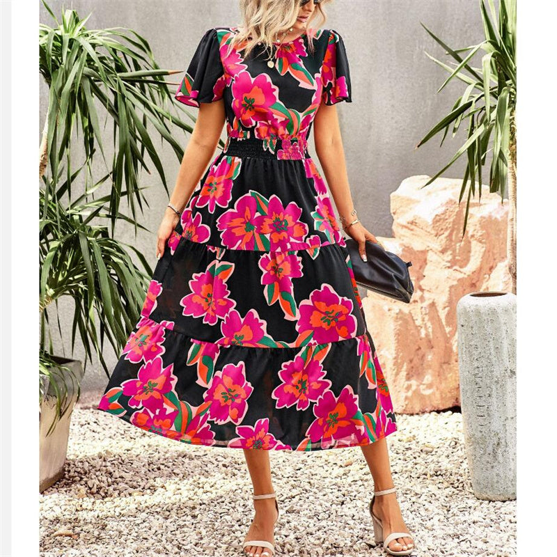 Floral Print Short Sleeve Maxi Dress in Various Colors