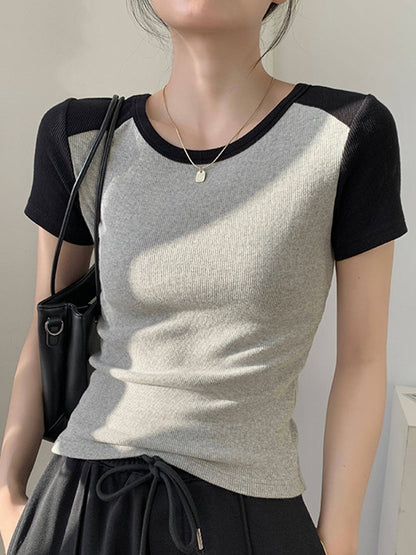 Contrast Color Stitching Crewneck Short Sleeve Knits