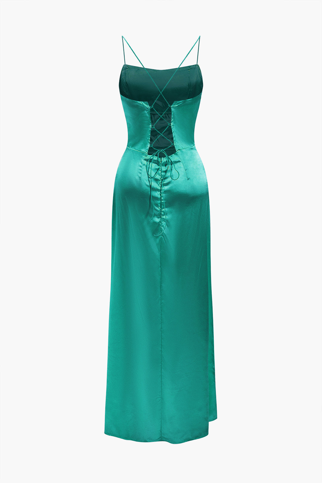 Cowl Neck Corset Bodice Spaghetti Strap Satin High Slit Maxi Dress