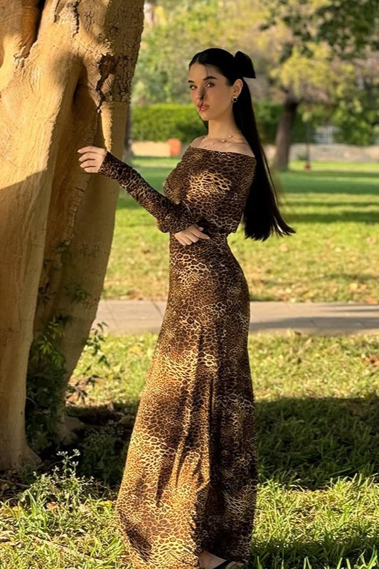 Off Shoulder Long Sleeve Print Bodycon Maxi Dress
