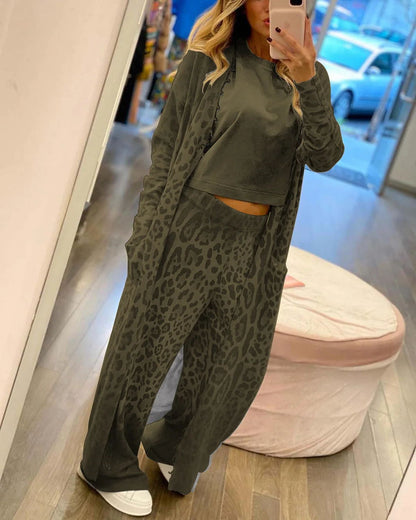 Comfort first Leopard Print Pocket Long Sleeve Cardigan Elastic Waist Pants Set