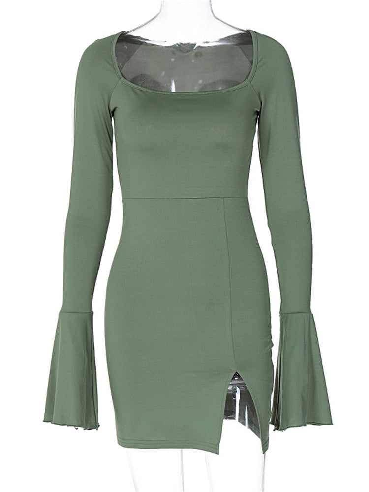 Tossy Square Collar Fashion Mini Dress Female Patchwork Split Elegant Patchwork Long Sleeve Clothes Dress Solid High Waist Dress