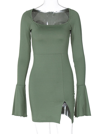 Tossy Square Collar Fashion Mini Dress Female Patchwork Split Elegant Patchwork Long Sleeve Clothes Dress Solid High Waist Dress