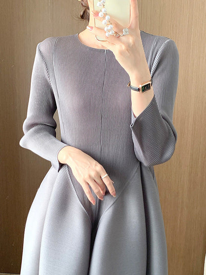 A-Line Loose Pleated Solid Color Split-Joint Round-Neck Midi Dresses