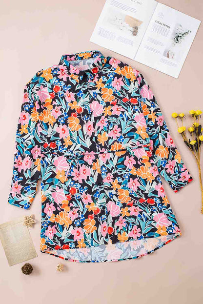 Multicolor Floral Buttoned Collared Long Sleeve Mini Dress