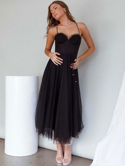 Corest Midi Dress Spaghetti Straps Shirred Lace-up Tulle Skirt Dresses