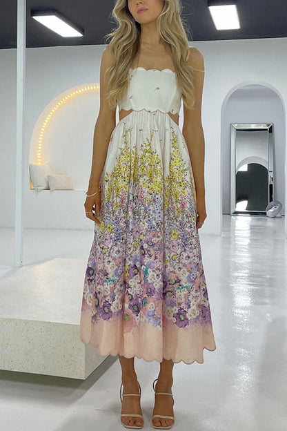 Cabo Sunsets Floral Print Petal Trim Back Lace-up Pocket Midi Dress