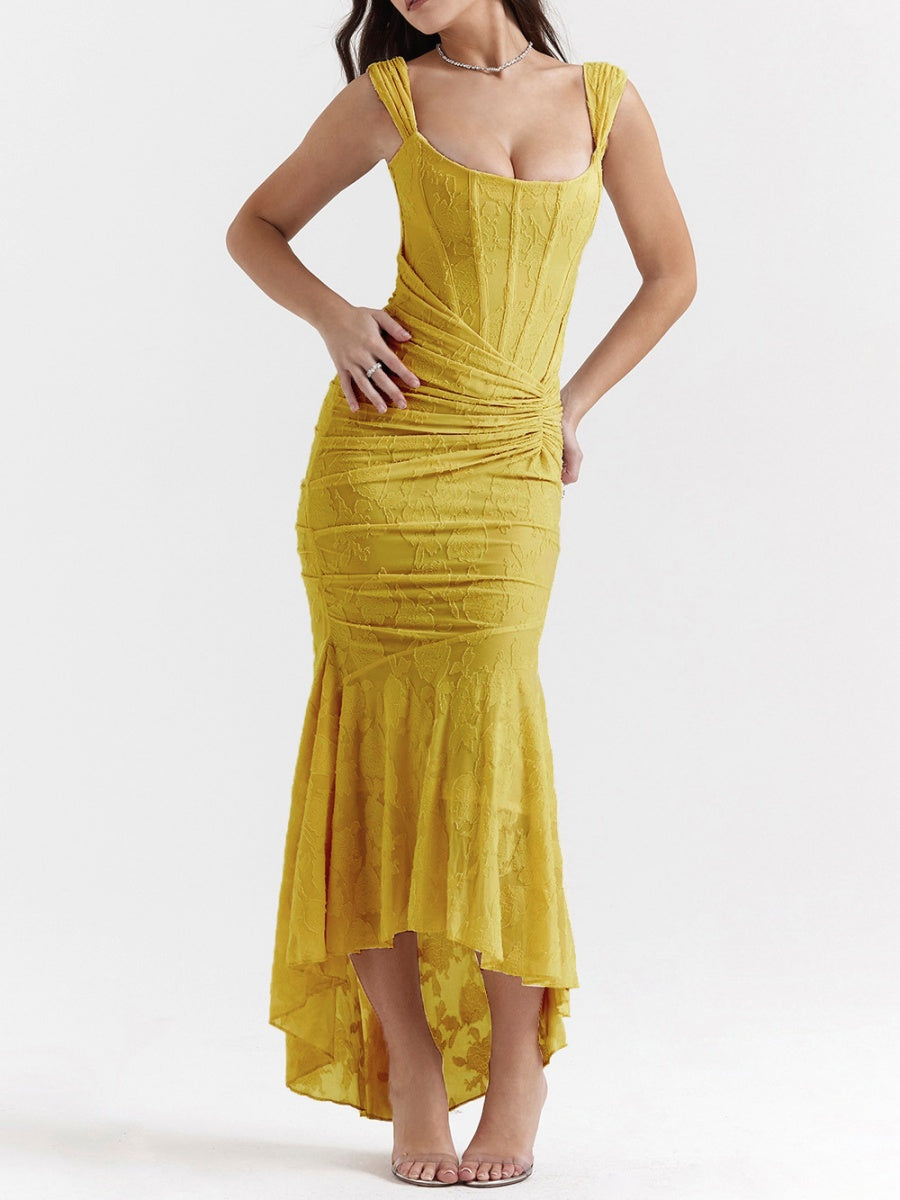 Sleeveless Solid Color Off-shoulder Sleeveless Fishbone Waist Dress