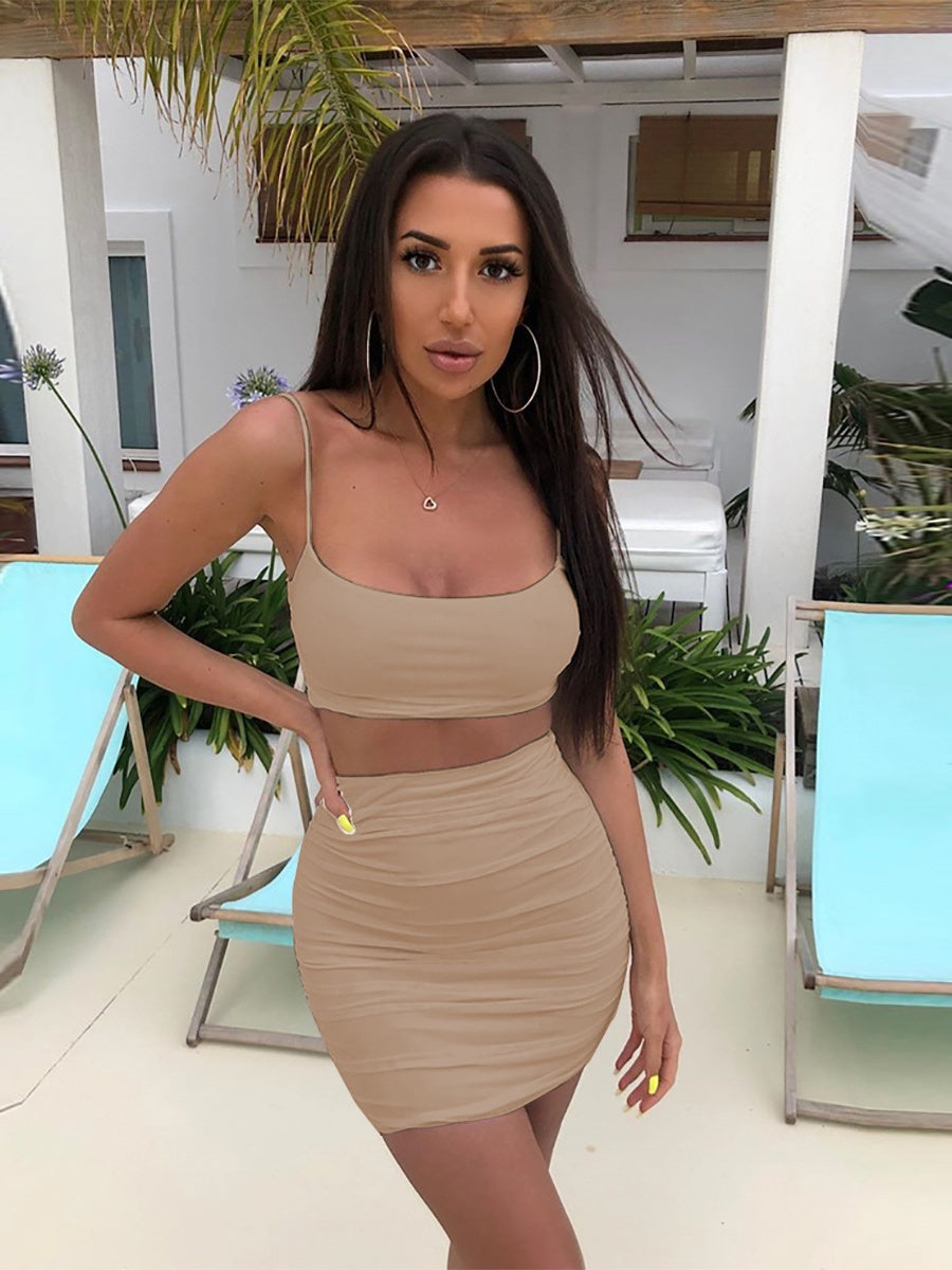Liber Spring Women's Pleated Solid Color 2-piece Sets