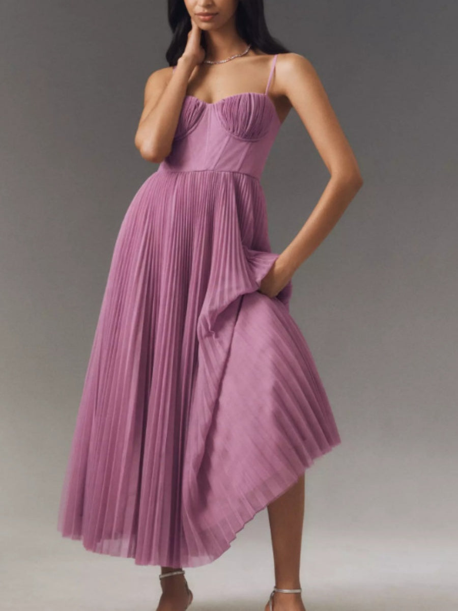 Sleeveless Deep V Slim Fit Pleated Camisoles Maxi Dresses