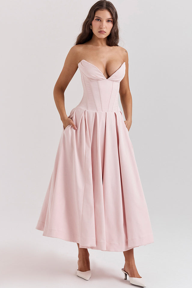 Strapless Deep Plunge Corset Boned Pleated A-Line Midi Dress