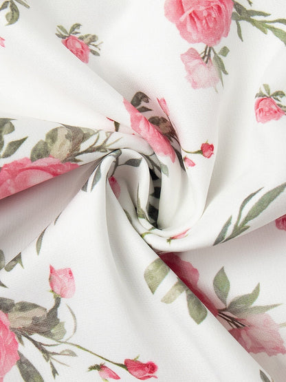 Waist Printed Floral Lapel Puff Sleeve Sweet Mini&Short Dresses
