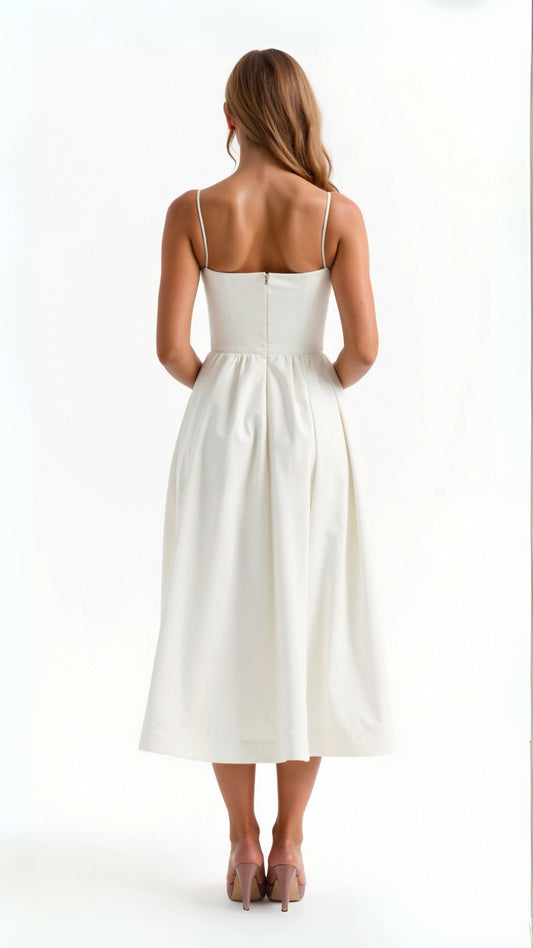 | Strappy Midi Dress, Fitted Bodice, Flowing Skirt