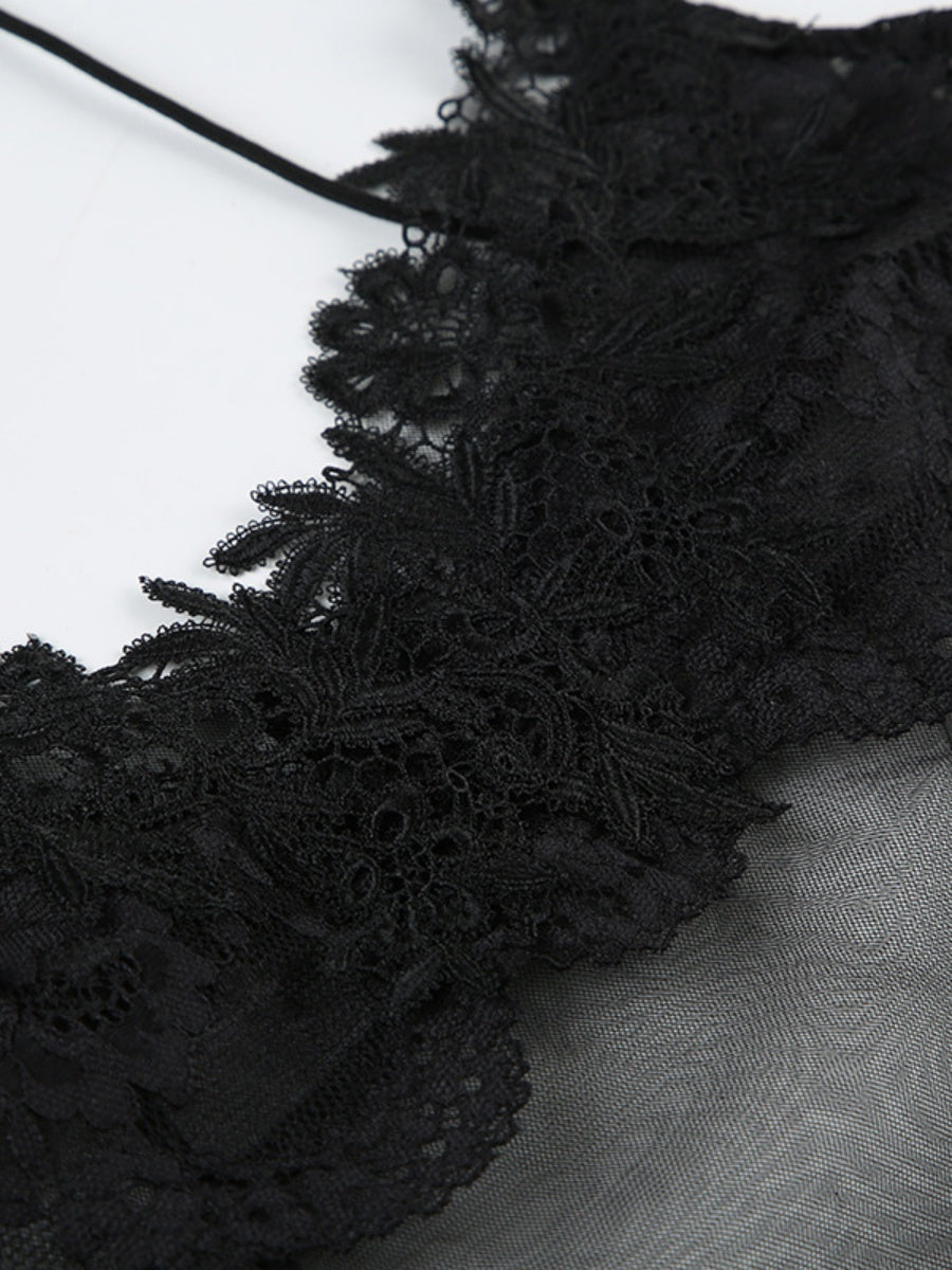 Sheer And Sexy Patchwork Mesh Lace Trim Suspender Long Dress